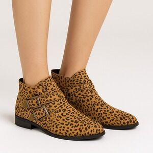 Women's Leopard Print Ankle Boots Double Buckle Fashion‎ Flats